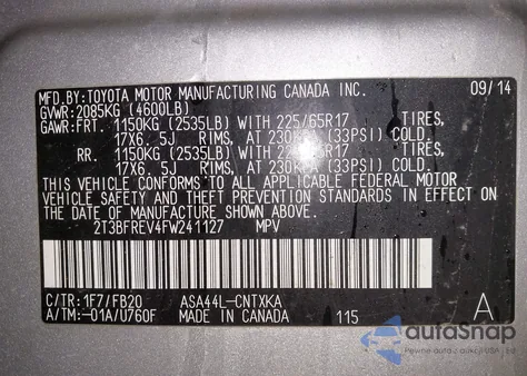 2015 Toyota Rav4 Le из США, поврежденный, VIN 2T3BFREV4FW241127